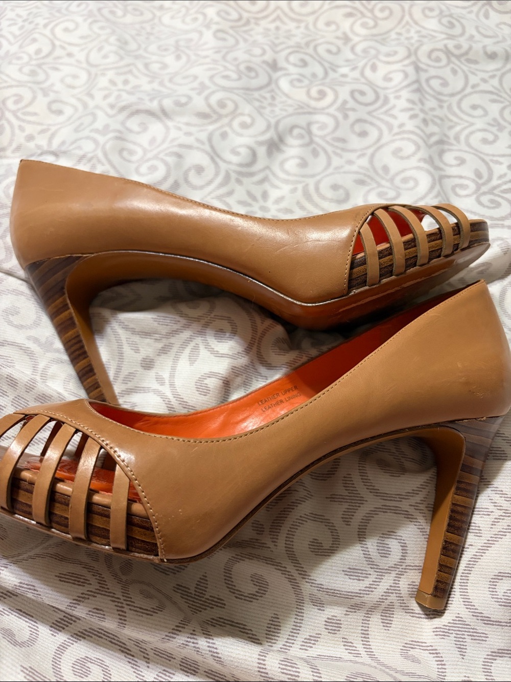 Via Spiga Tan Peep-Toe 3.5” Stiletto Heels Orange Insole Size 8.5 - Picture 10 of 11